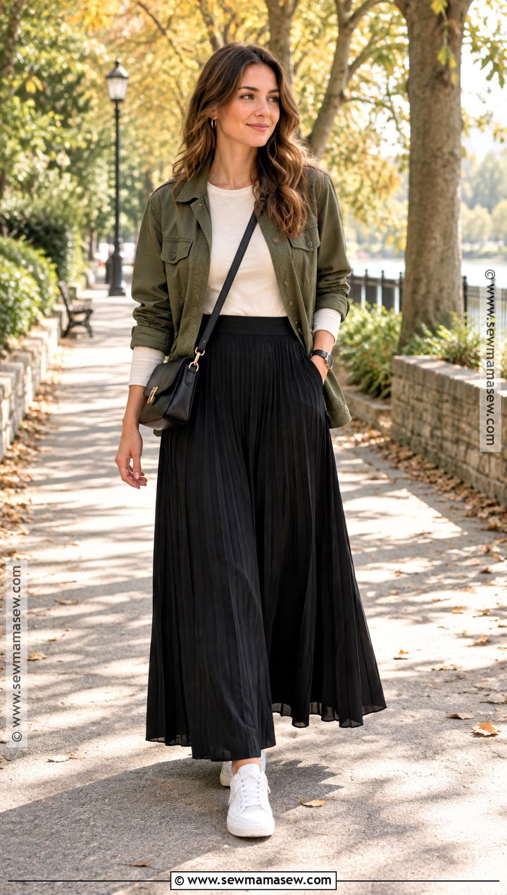 Black Maxi Skirt With Olive Utility Jacket - 25 black maxi skirt outfit fall ideas