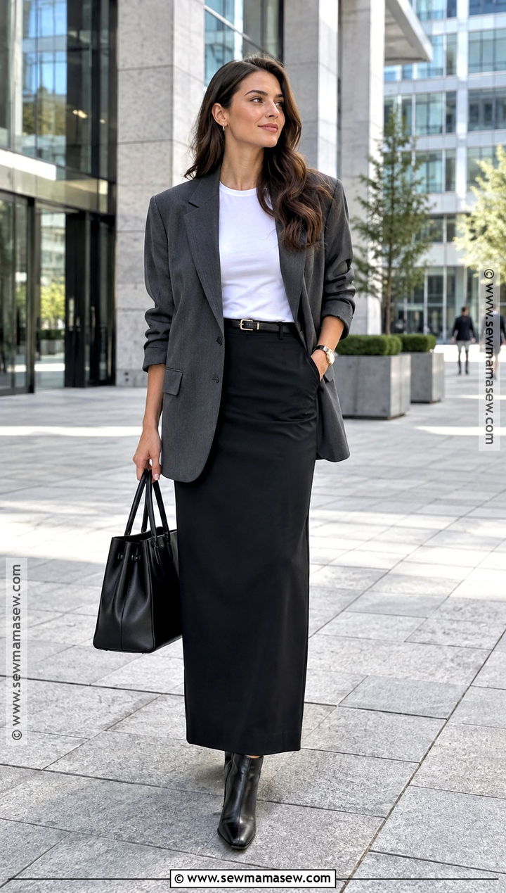 Black Maxi Skirt With Oversized Blazer - 25 black maxi skirt outfit fall ideas
