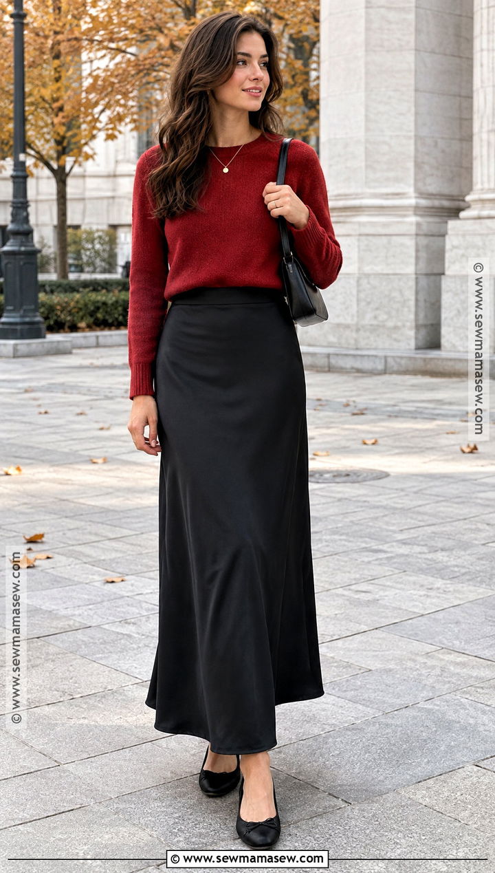 Black Maxi Skirt With Red Sweater And Ballet Flats - 25 black maxi skirt outfit fall ideas