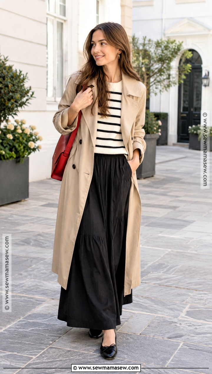 Black Maxi Skirt With Striped Knit And Ballet Flats - 20 fall outfits with black skirt