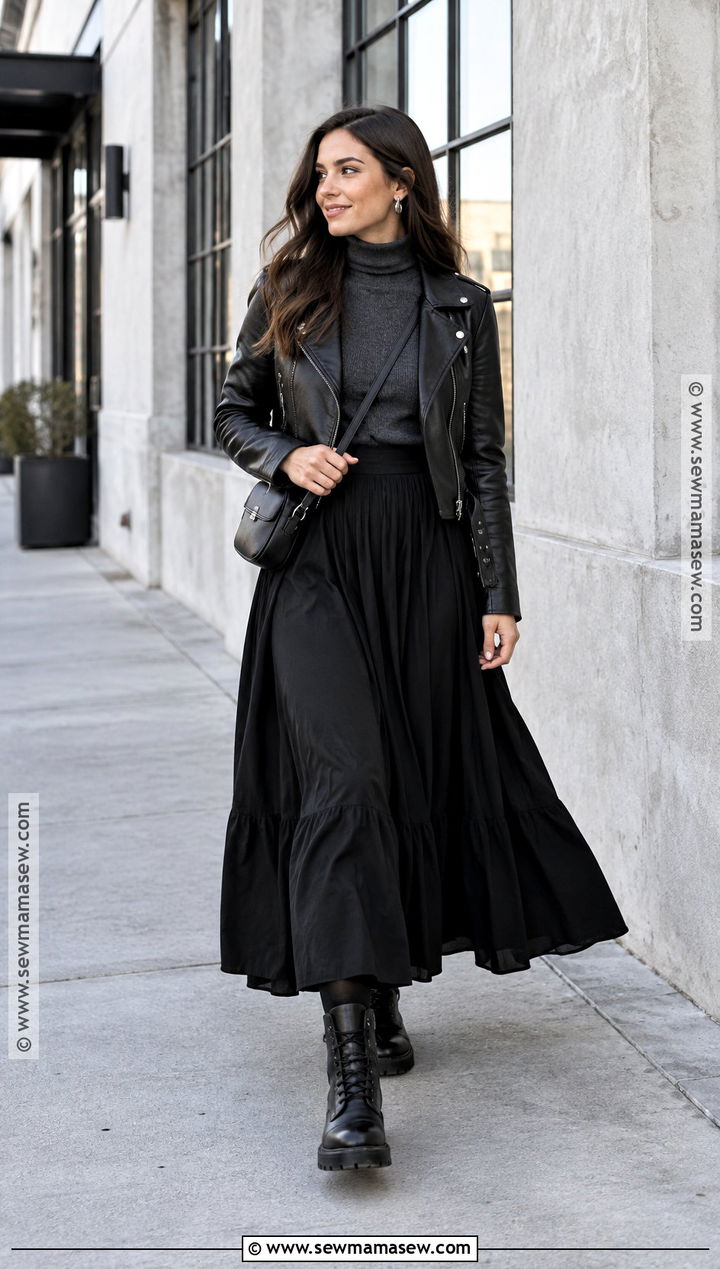 Black Maxi Skirt With Tights And Combat Boots - 15 fall skirt tights outfit ideas