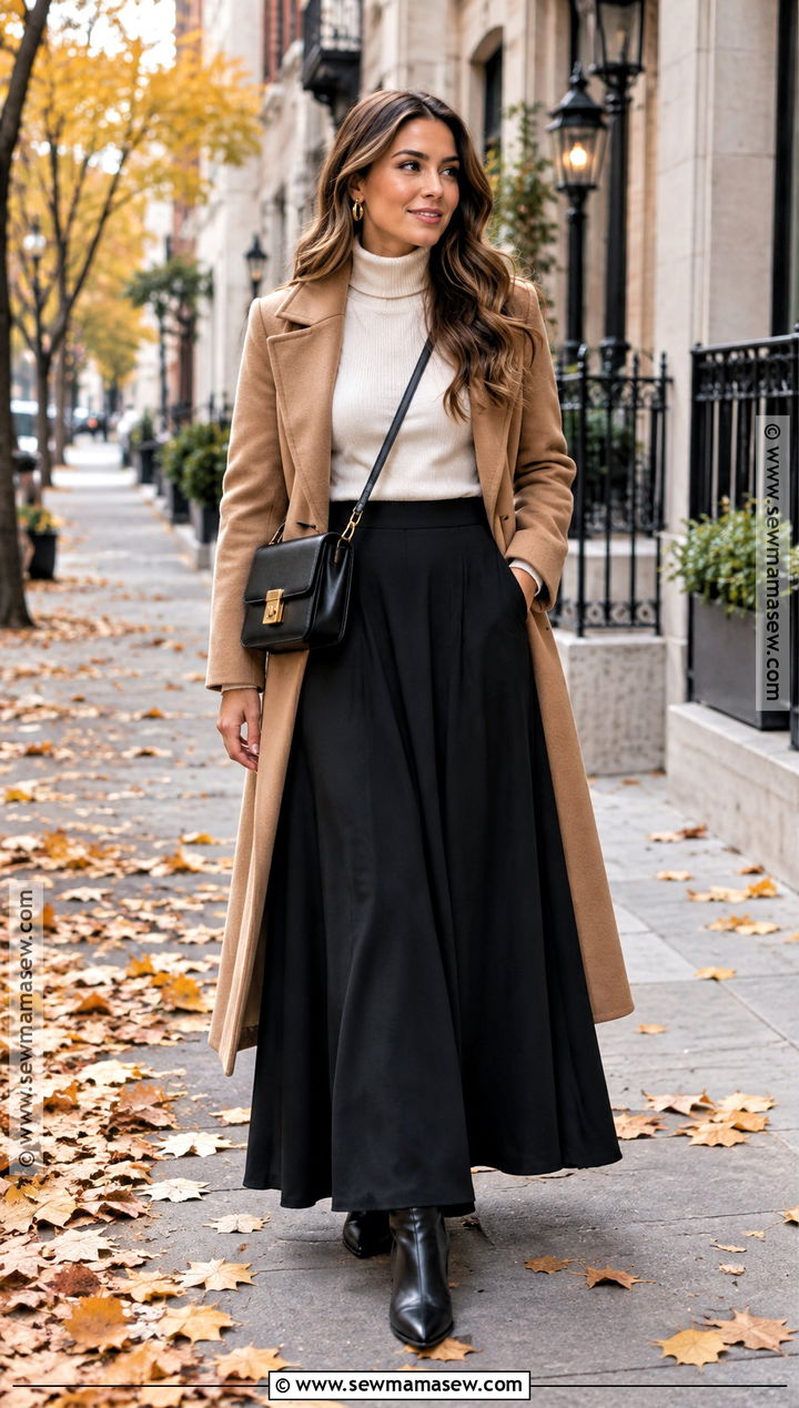 Black Maxi Skirt With Turtleneck And Ankle Boots - 20 fall outfit long skirt ideas