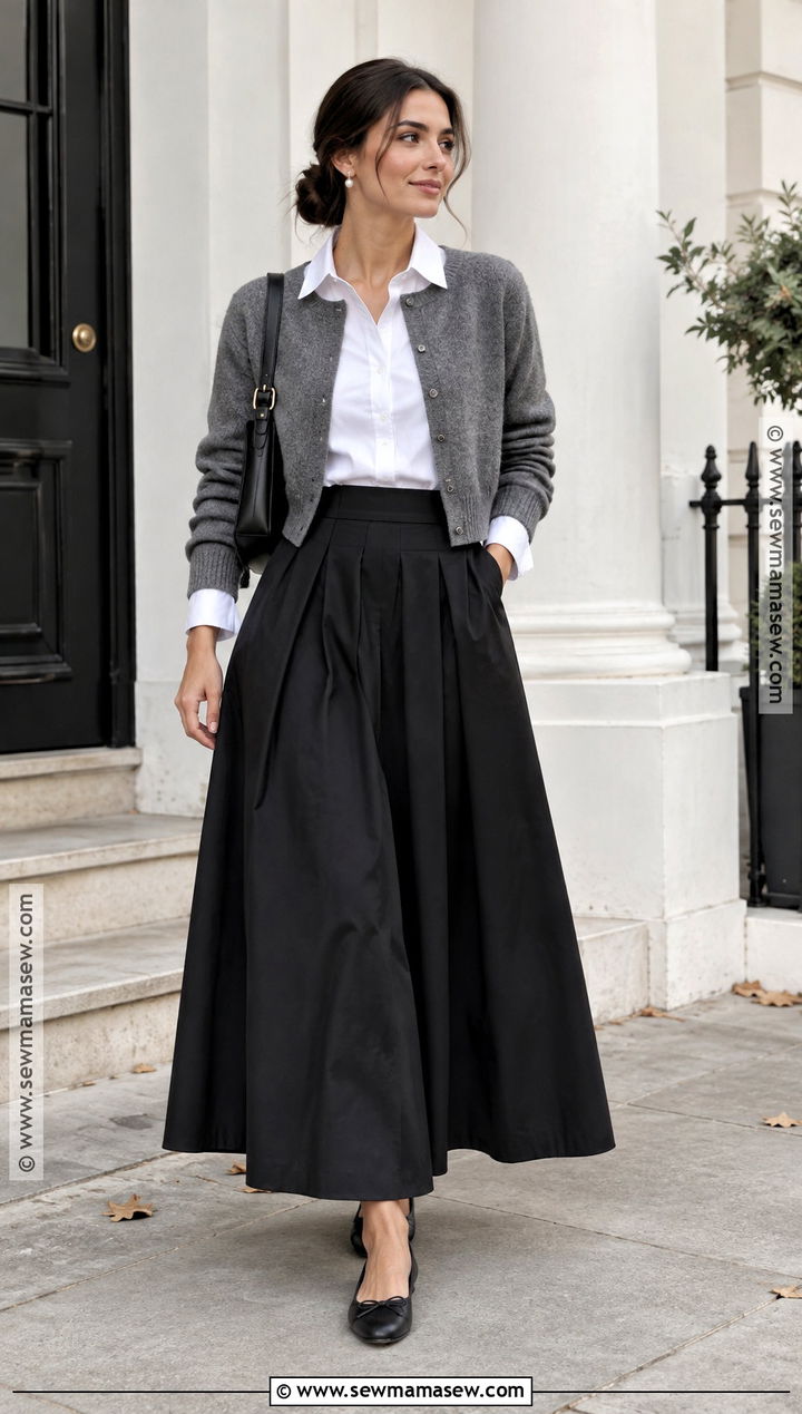Black Maxi Skirt With White Button Down And Ballet Flats - 20 skirt for fall ideas