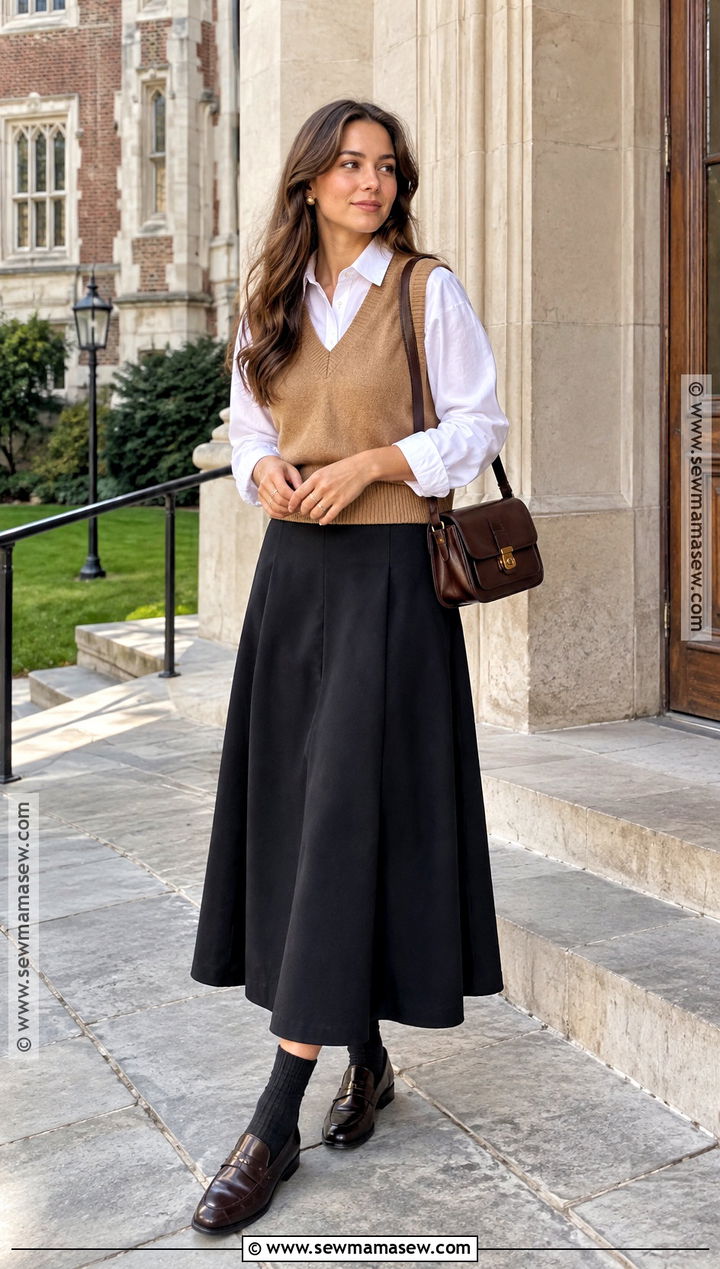 Black Maxi Skirt With White Shirt And Sweater Vest - 25 black maxi skirt outfit fall ideas