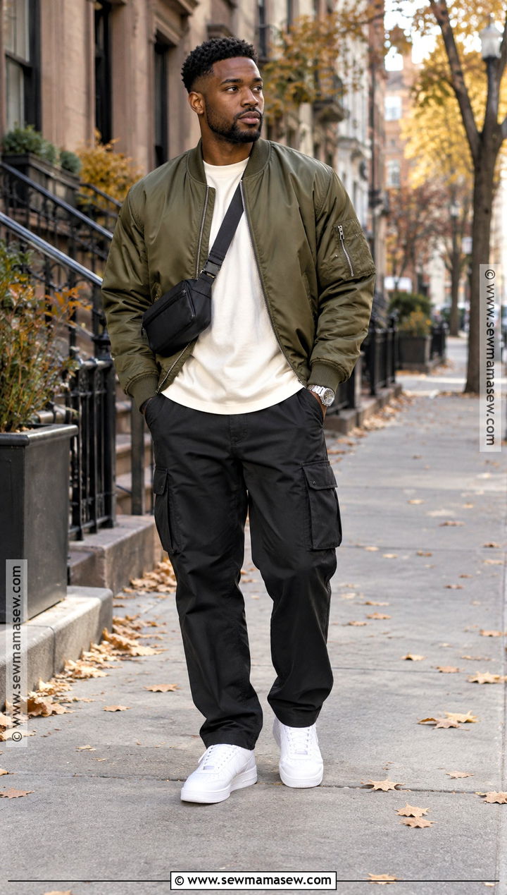 Black Mens Bomber Jacket And Cargo Pants Outfit - 15 fall black men outfits