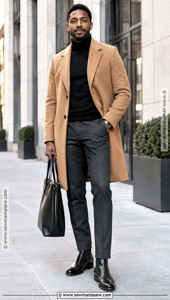 Black Mens Camel Overcoat And Turtleneck Outfit - 15 fall black men outfits