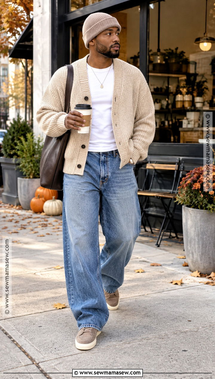 Black Mens Cardigan And Wide Leg Jeans Outfit - 15 fall black men outfits