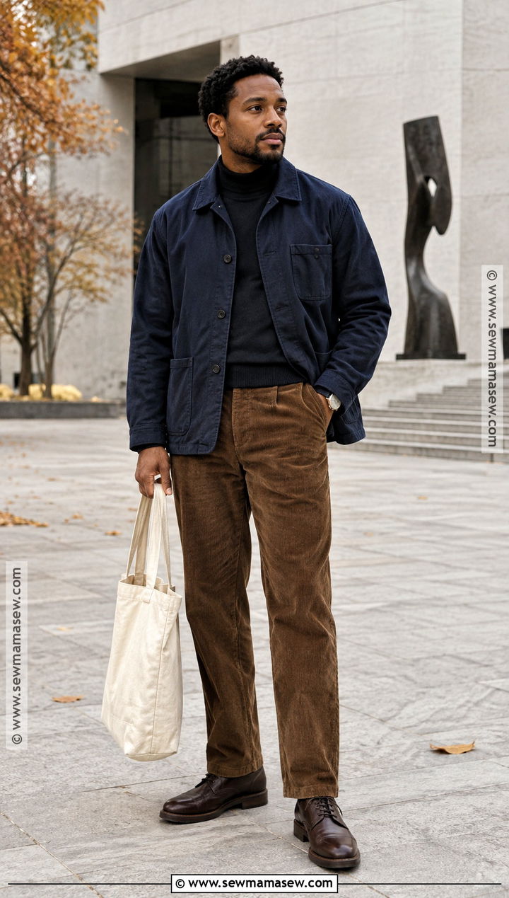 Black Mens Chore Coat And Corduroy Pants Outfit - 15 fall black men outfits