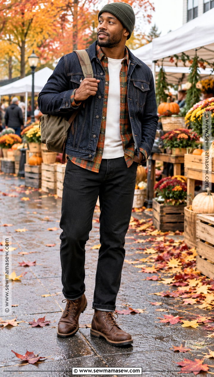 Black Mens Denim Jacket And Flannel Outfit - 15 fall black men outfits