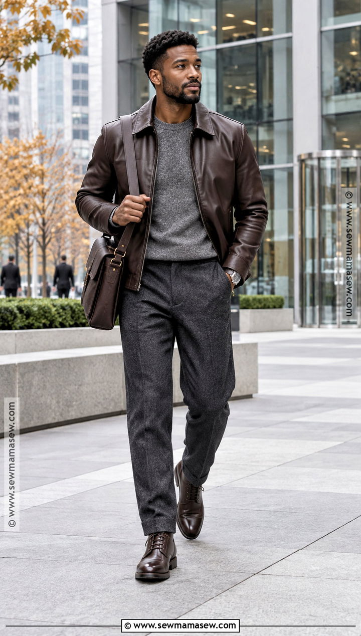 Black Mens Leather Jacket And Wool Trousers Outfit - 15 fall black men outfits