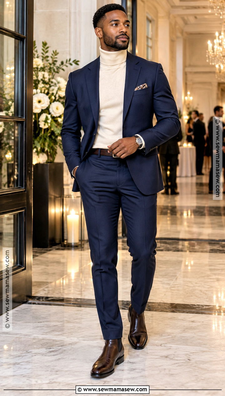 Black Mens Navy Suit And Turtleneck Outfit - 15 fall black men outfits