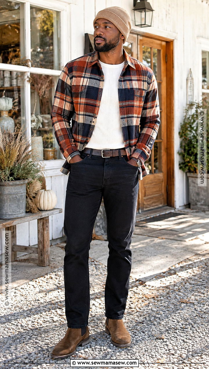 Black Mens Plaid Overshirt And Jeans Outfit - 15 fall black men outfits