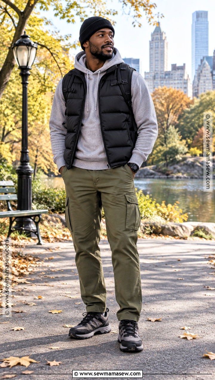 Black Mens Puffer Vest And Cargo Pants Outfit - 15 fall black men outfits