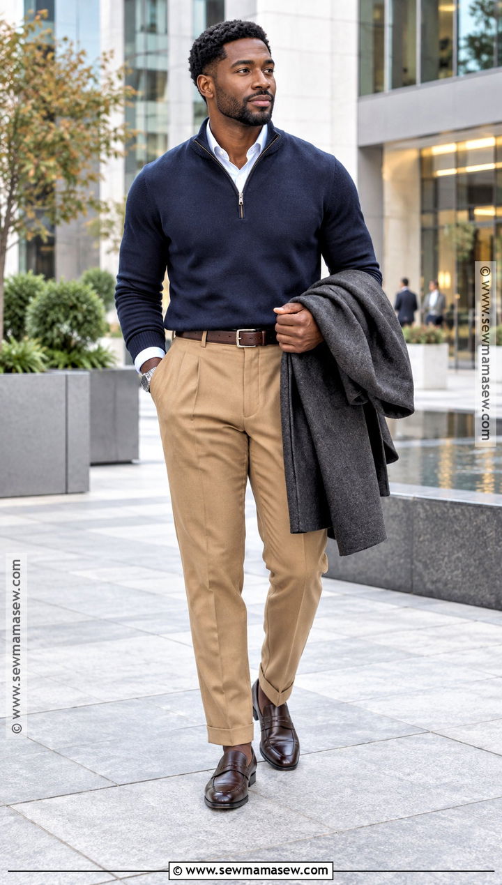 Black Mens Quarter Zip And Pleated Trousers Outfit - 15 fall black men outfits