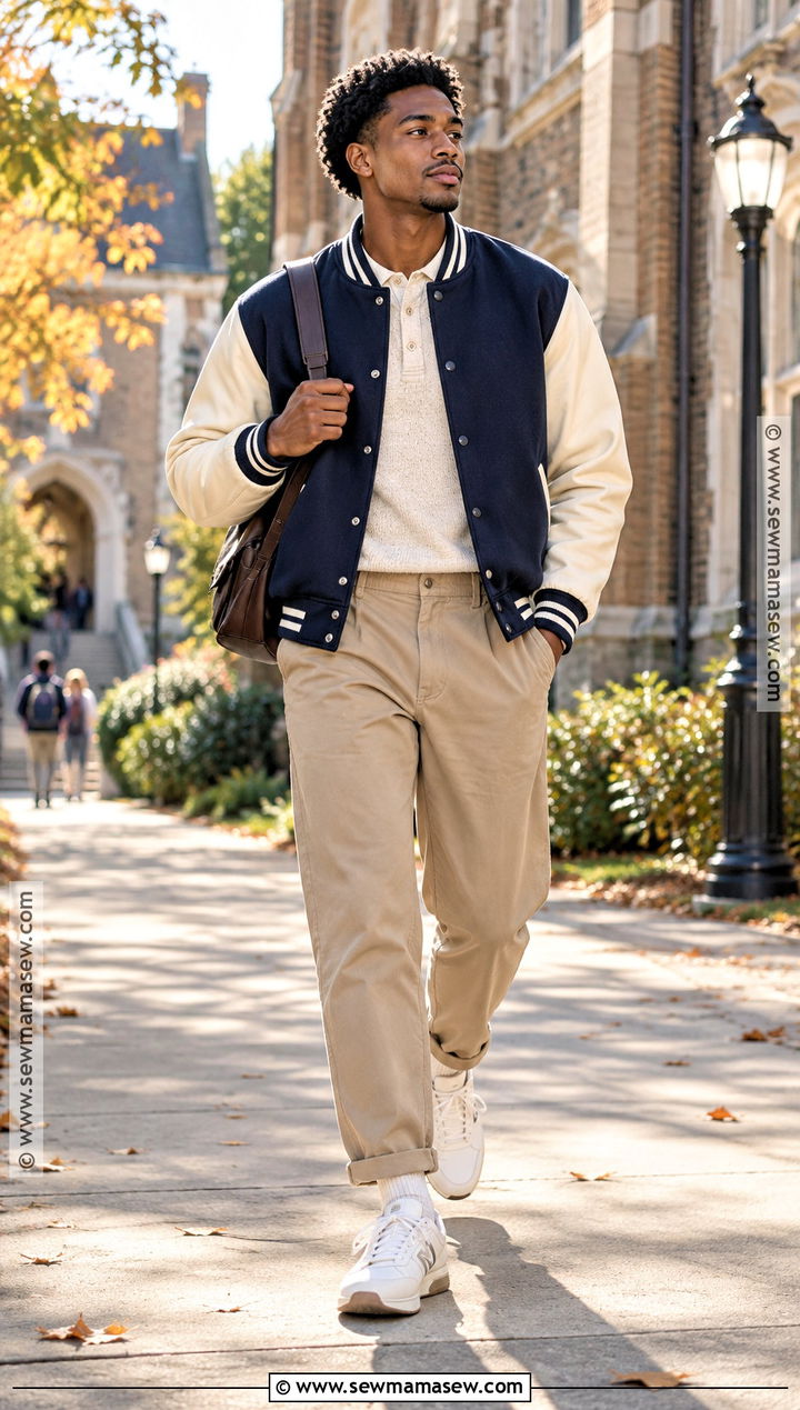 Black Mens Varsity Jacket And Chinos Outfit - 15 fall black men outfits