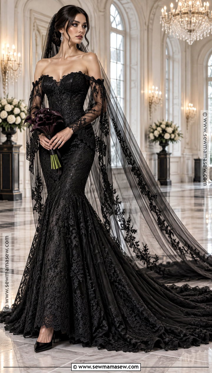Black Mermaid Gothic Wedding Dress With Cathedral Veil - 15 Gothic Fall Wedding Dress Ideas