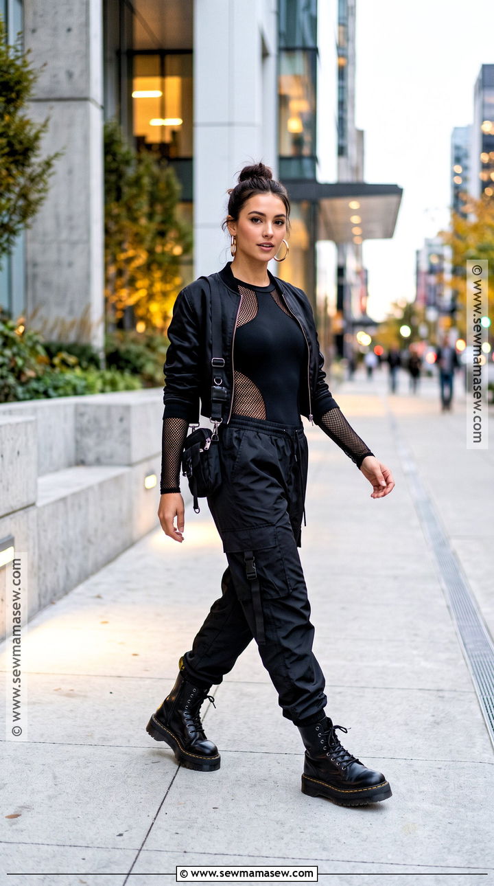 Black Mesh Bodysuit And Cargo Pants Outfit - 15 all black fall outfits going out