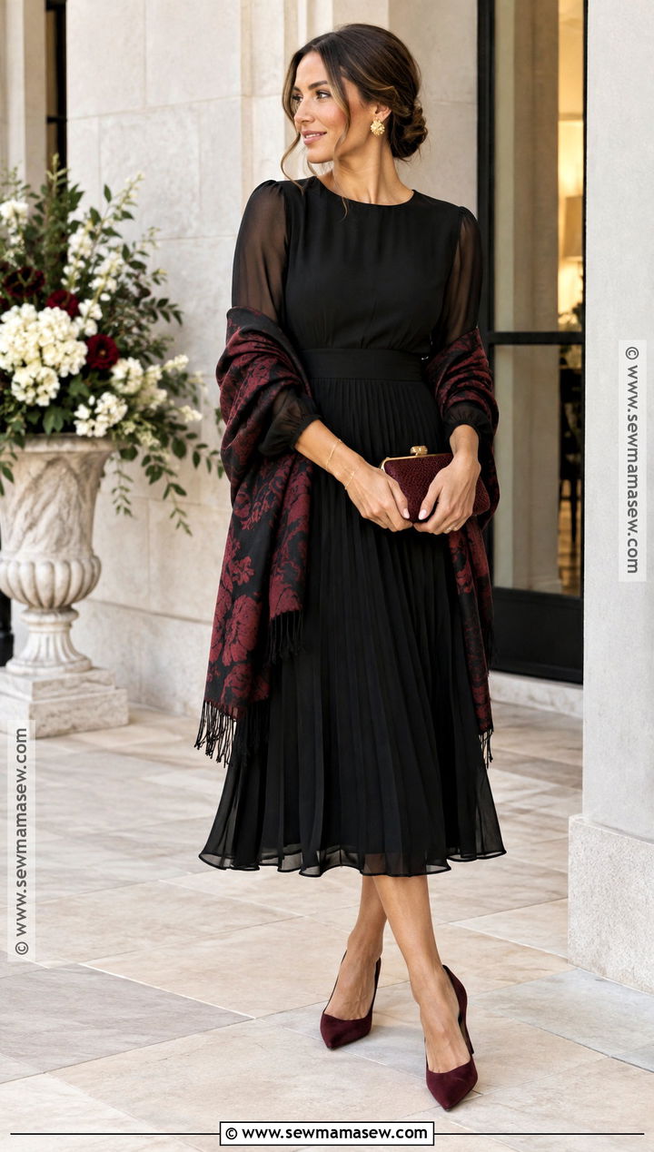 Black Midi Dress And Burgundy Accessories Outfit - 15 Fall Wedding Outfits For Women Guest