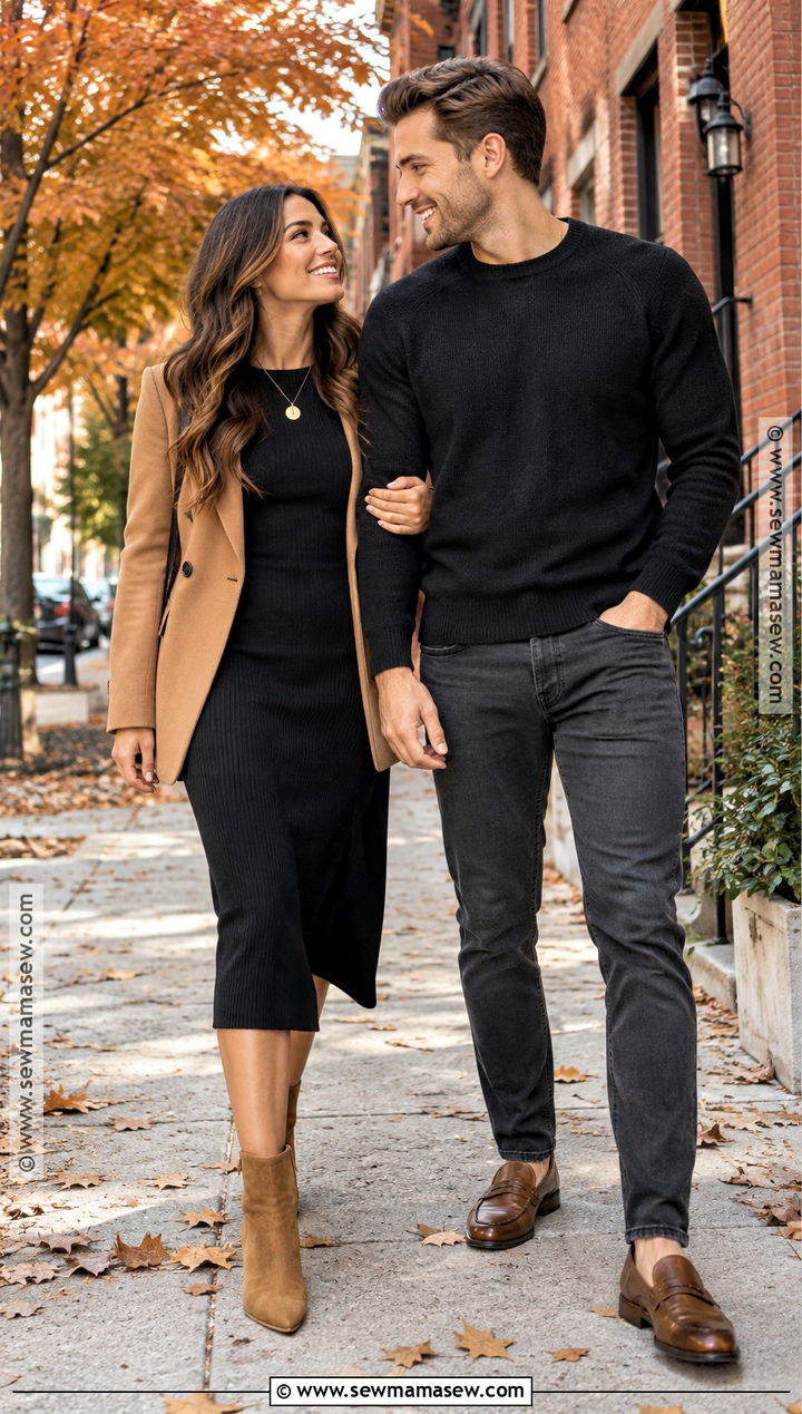 Black Midi Dress And Camel Blazer Fall Couples Photoshoot Outfit - 15 couples photoshoot fall outfit ideas