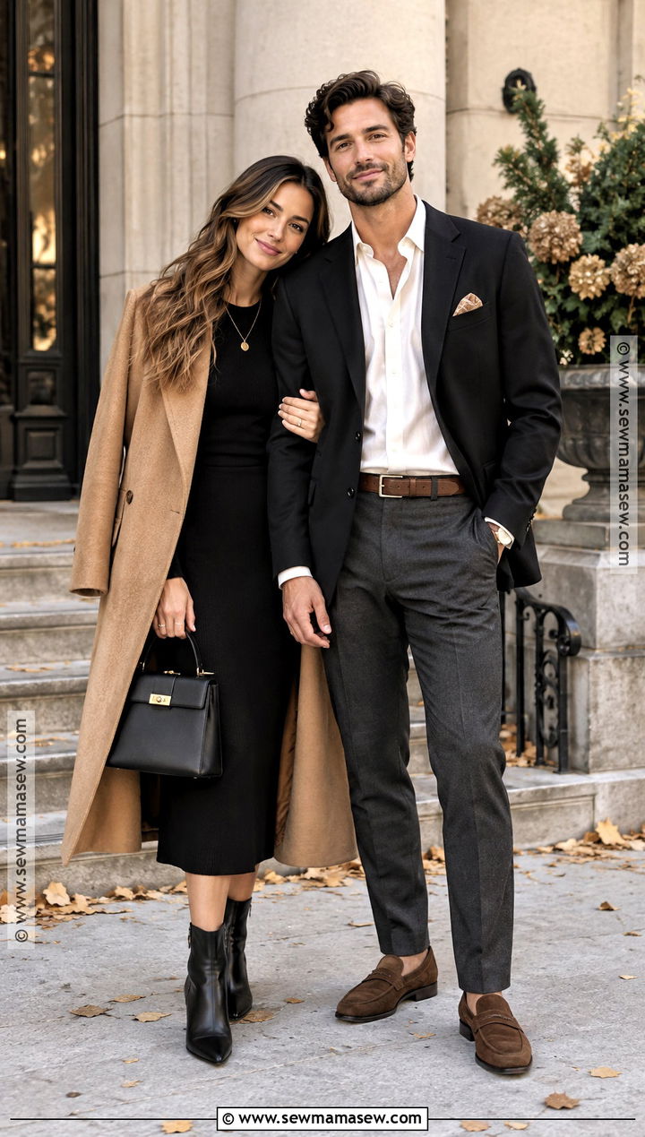 Black Midi Dress And Camel Coat Engagement Outfit - 15 engagement photoshoot outfit fall ideas