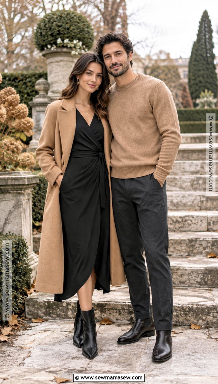 Black Midi Dress And Camel Coat Engagement Photo Outfit - 15 engagement photo fall outfits