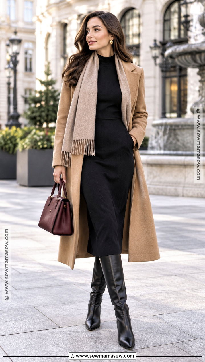 Black Midi Dress And Camel Coat Fall Outfit - 20 classy fall outfits chic
