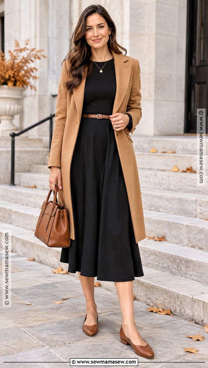 Black Midi Dress And Camel Coat Thanksgiving Church Outfit - 20 Thanksgiving Church Outfit Ideas