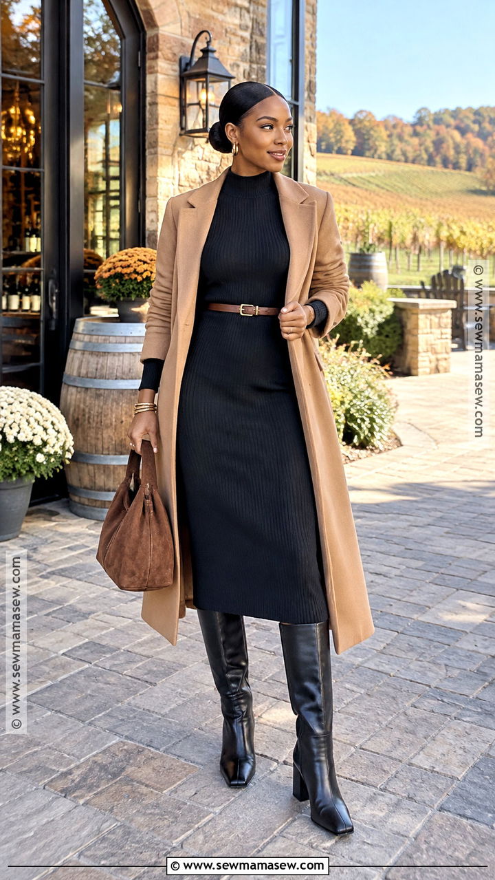 Black Midi Dress And Camel Coat Winery Outfit - 20 winery outfit fall ideas for black women