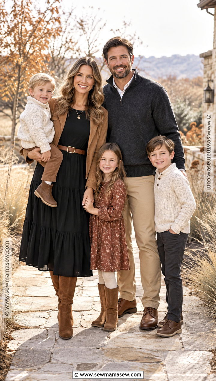 Black Midi Dress And Camel Jacket Fall Family Photo Outfit - 15 mom family photo outfit fall ideas