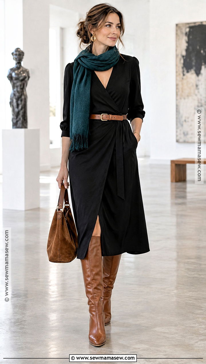 Black Midi Dress And Cognac Boots Outfit - 15 Can Dark Autumn Wear Black Ideas