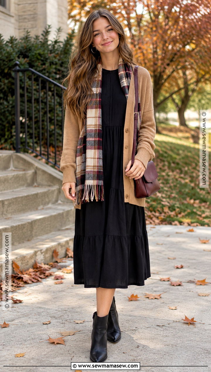 Black Midi Dress And Plaid Scarf Church Outfit - 20 Cute Fall Church Outfits for Teens