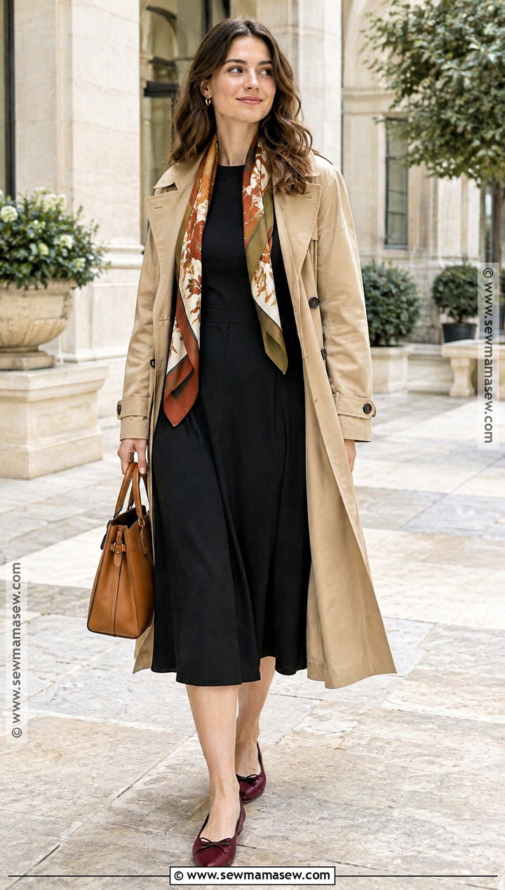 Black Midi Dress And Printed Scarf Church Outfit - 20 september church outfits