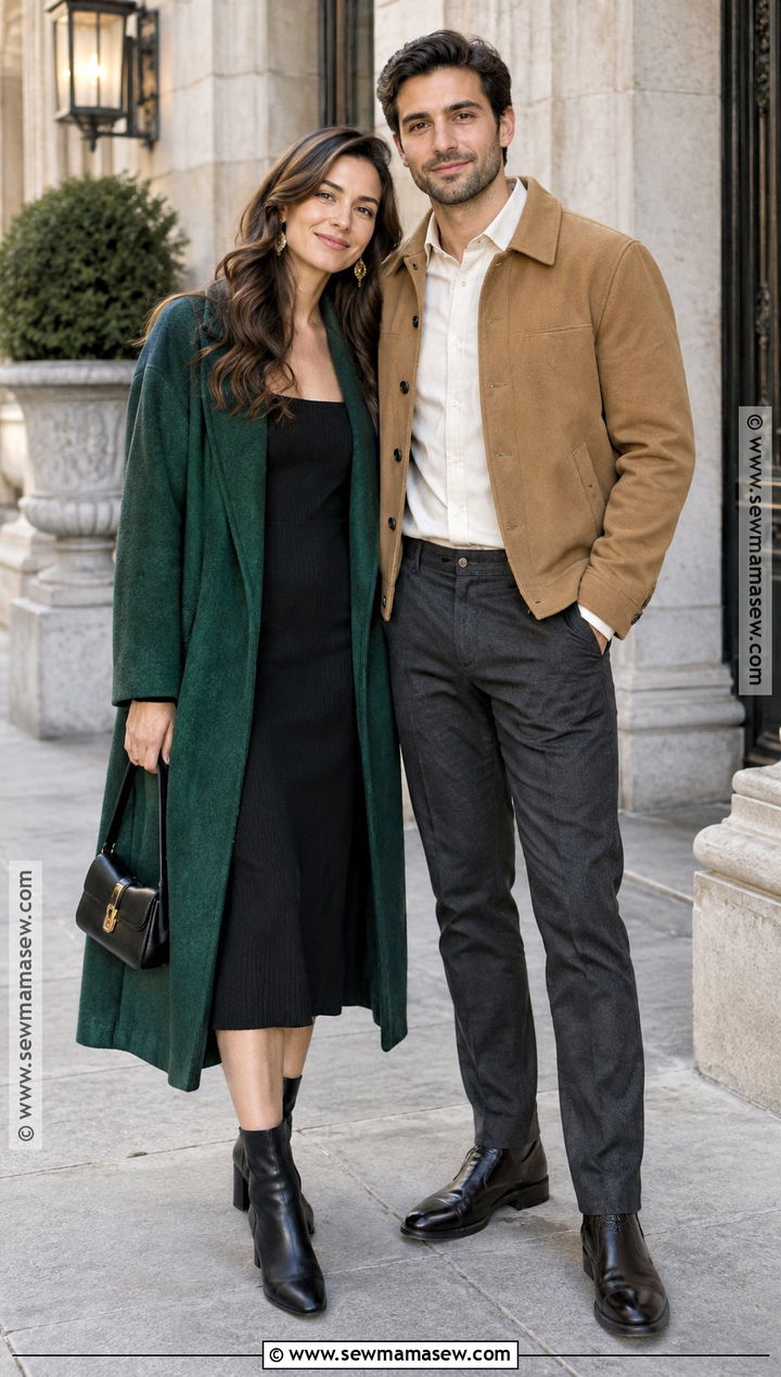 Black Midi Dress And Statement Coat Engagement Outfit - 25 fall engagement pictures outfit ideas