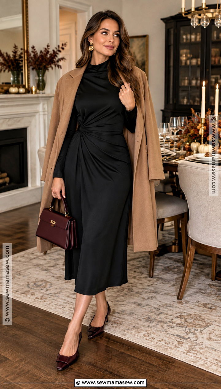 Black Midi Dress And Statement Earrings Thanksgiving Outfit - 25 Thanksgiving Dinner Outfit Ideas