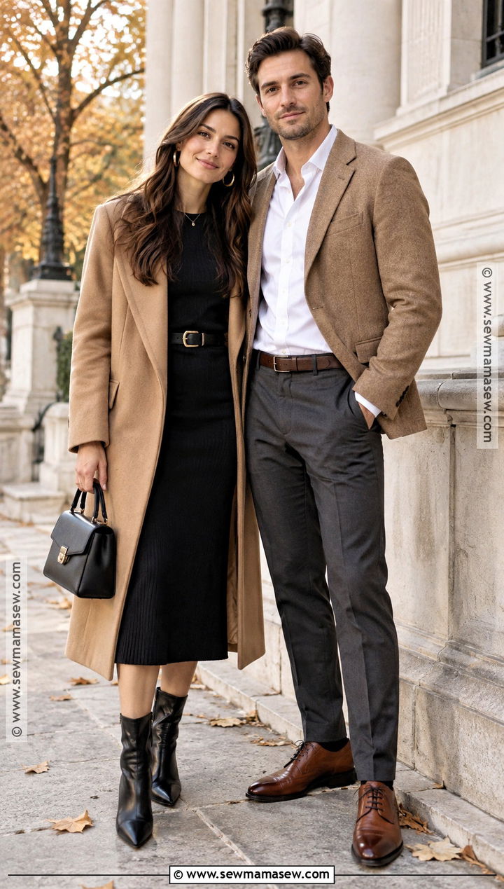 Black Midi Dress And Tan Blazer Fall Couple Outfit - 15 fall outfit ideas for couple pictures