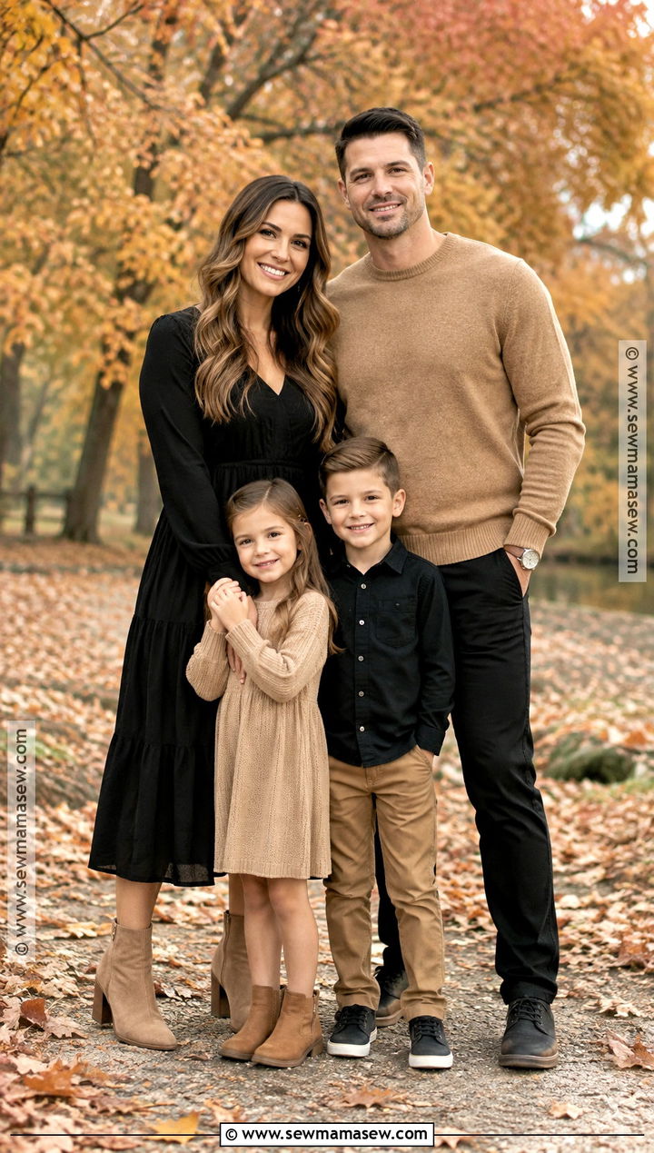 Black Midi Dress And Tan Sweater Family Outfit - 15 fall family pictures outfits black and tan