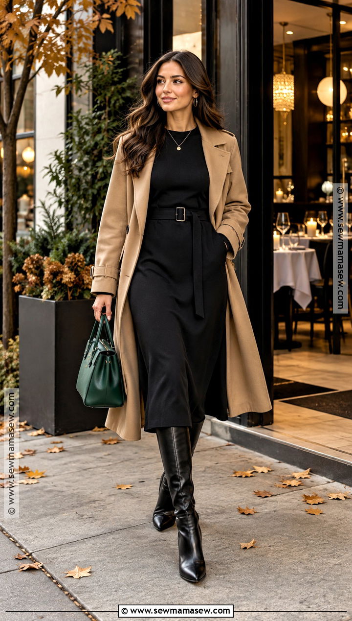 Black Midi Dress And Trench Coat Autumn Dinner Outfit - 15 Autumn Dinner Outfit Ideas