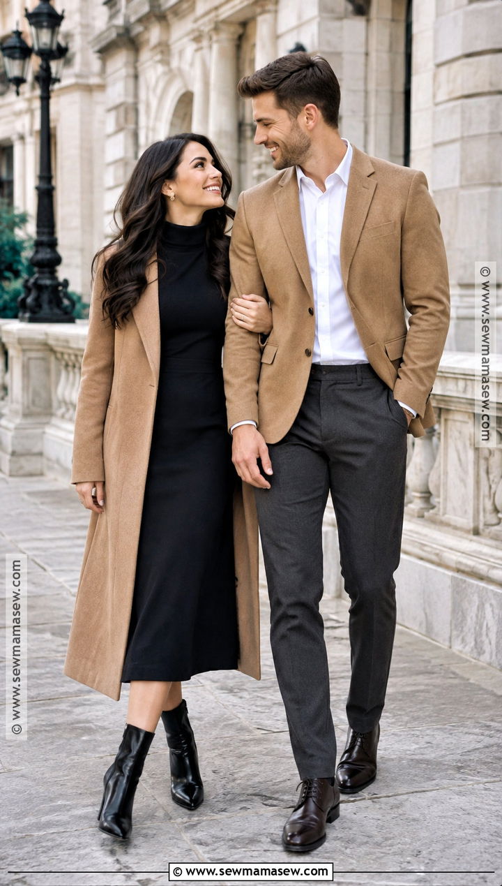 Black Midi Dress And Wool Coat Engagement Photo Outfit - 15 engagement photos outfits november