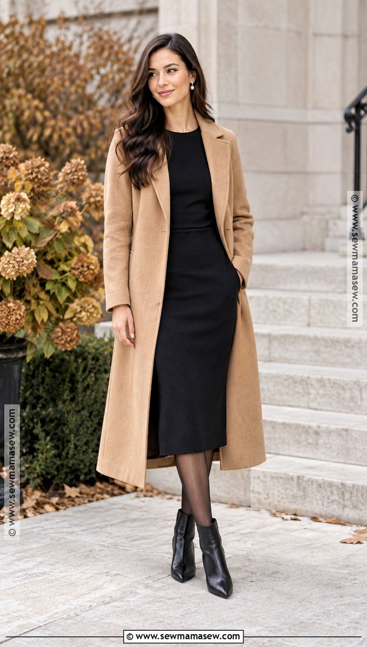 Black Midi Dress Engagement Photo Outfit With Camel Coat - 15 engament photo outfits fall