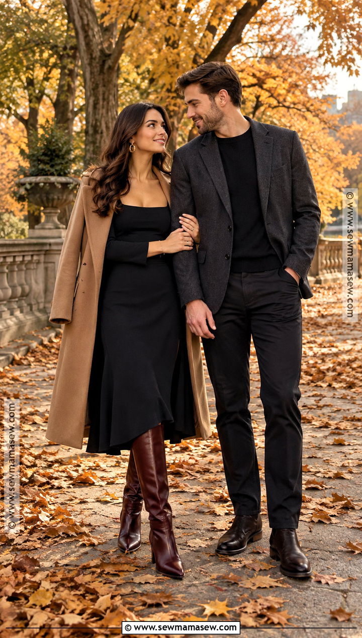 Black Midi Dress Fall Engagement Photoshoot Outfit - 15 engament photoshoot outfit fall ideas
