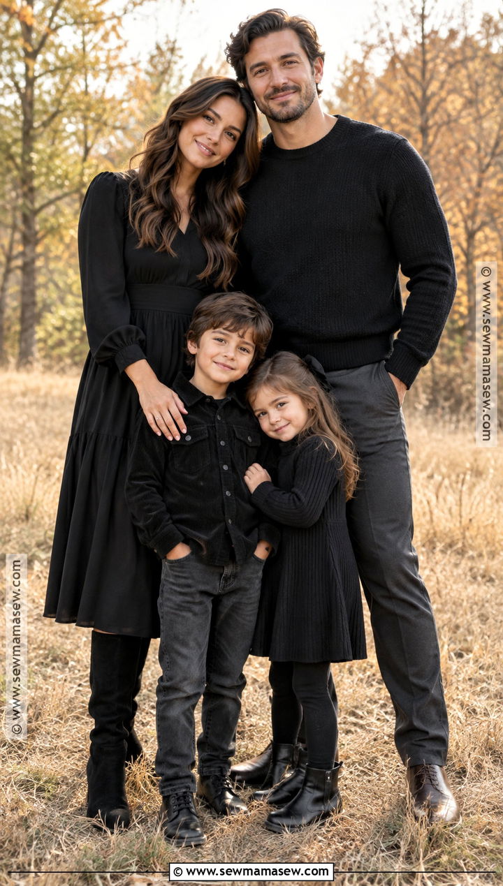 Black Midi Dress With All Black Family Outfits - 15 Black Dress Fall Photoshoot Ideas for Family