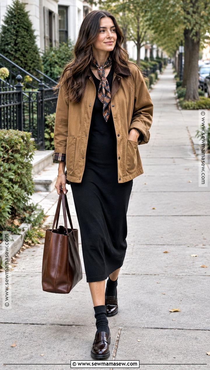 Black Midi Dress With Barn Jacket - 20 fall dresses outfits