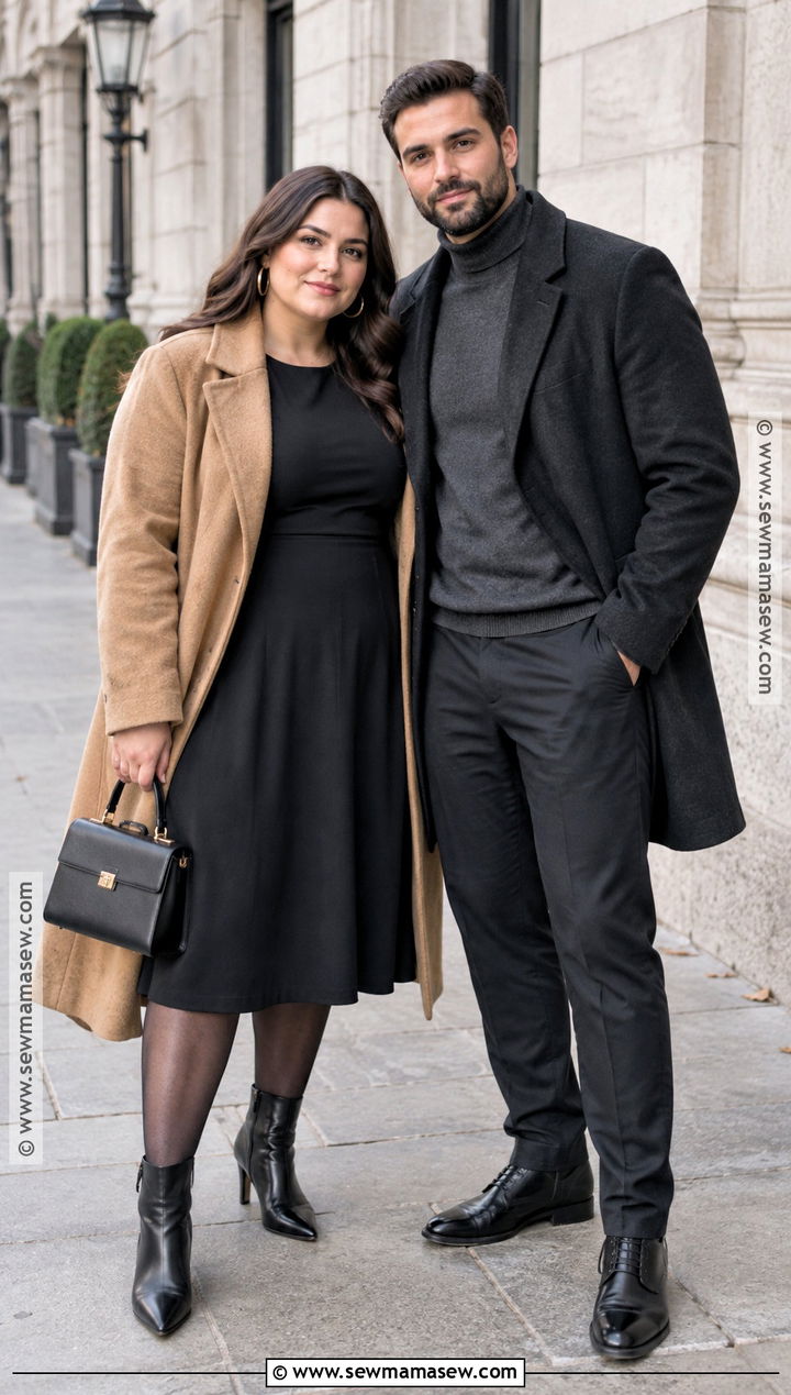 Black Midi Dress With Camel Coat Engagement Photo Outfit - 20 plus size engagement photos outfits fall