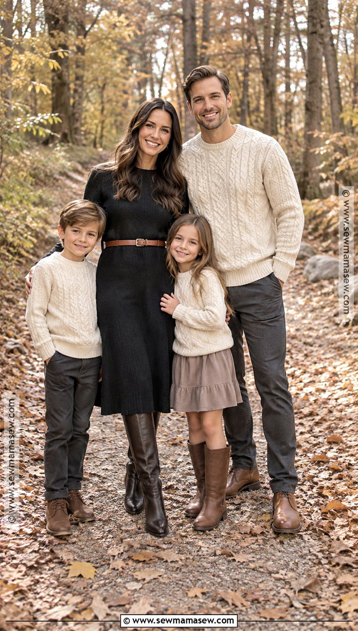 Black Midi Dress With Cream Sweaters - 15 Black Dress Fall Photoshoot Ideas for Family