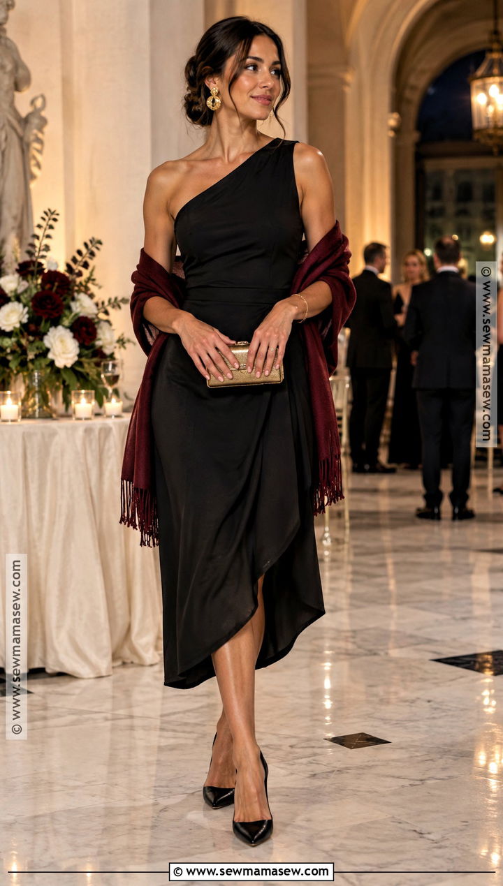 Black Midi Dress With Gold Accessories - 25 wedding guest outfit fall ideas