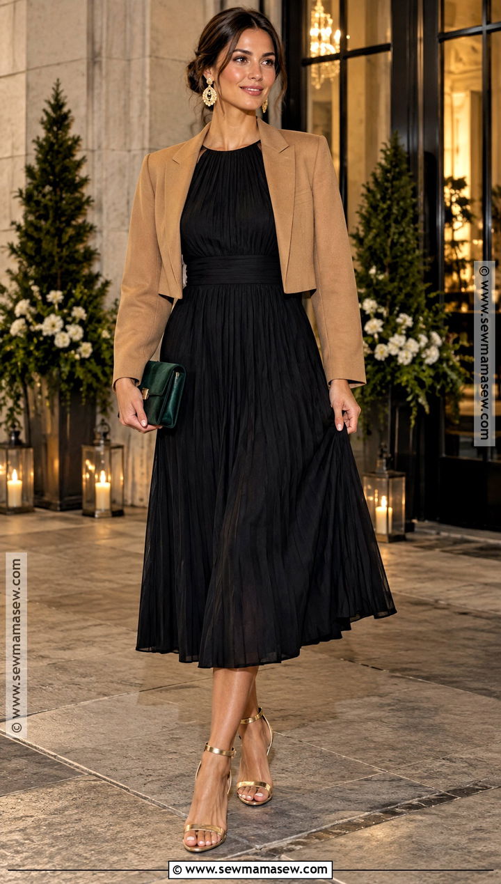 Black Midi Dress With Gold Accessories - 15 september guest wedding dress ideas