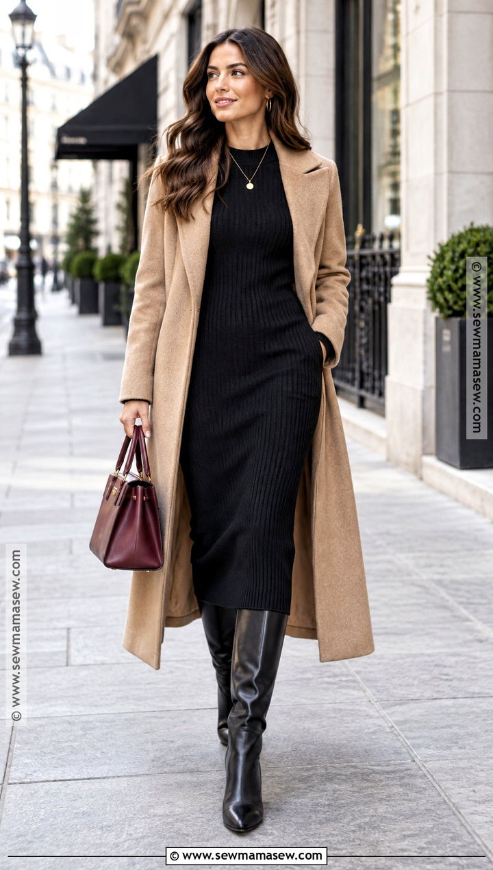 Black Midi Dress With Long Boots - 15 Dress With Long Boots Fall Outfits