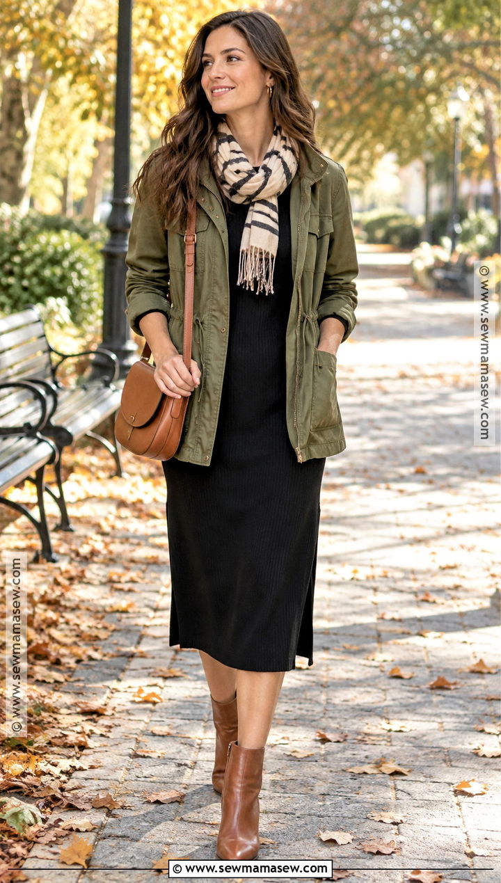 Black Midi Dress With Olive Field Jacket And Boots - 25 black dress fall outfit ideas