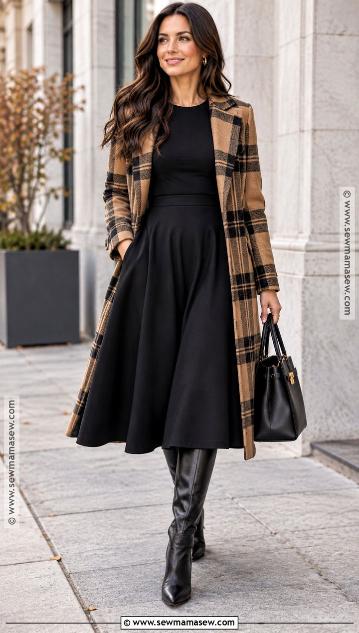 Black Midi Dress With Plaid Coat - 15 fall engagement photos dress ideas