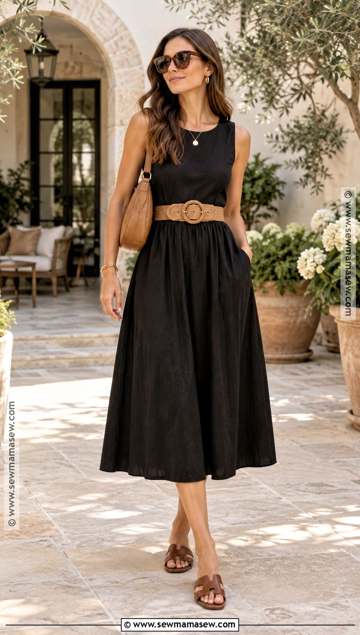 Black Midi Dress and Leather Sandals September Outfit - 15 September Outfits Warm Weather